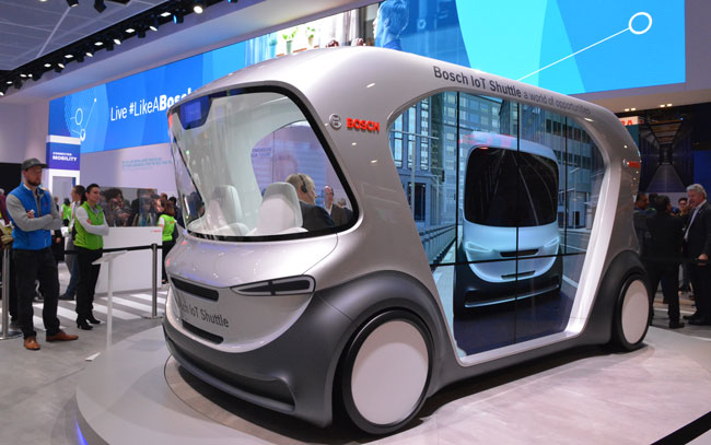 CES2019」では箱型EVによる展示が目立った。ボッシュの展示。 CES2019」では箱型EVによる展示が目立った。ボッシュの展示。