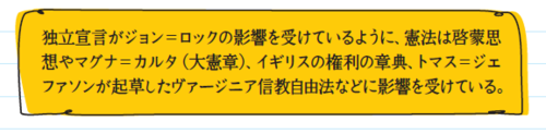 独立宣言がジョン＝ロックの影響を受けているように、憲法は啓蒙思想やマグナ＝カルタ（大憲章）、イギリスの権利の章典、トマス＝ジェファソンが起草したヴァージニア信教自由法などに影響を受けている。

