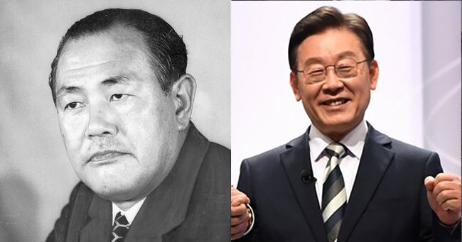 (右)韓国第21代大統領に就任した李在明 Photo:Pool/gettyimages、(左)元首相・田中角栄 Photo:SANKEI