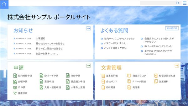 総務リモートアウトソーシングのポータルサイトのTOP画面のイメージ。全社員がこのポータルサイトを通じて問合せや質問を行なう