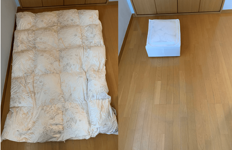 【モノをコンパクト化する方法】<br />かさばる布団の、<br />いちばん手軽で<br />省スペースな収納法