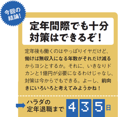 今回の結論！　定年間際でも十分対策はできるぞ！定年後も働くのはやっぱりイヤだけ働けば無収入になる年数がそれだけ減るからヨシとするか。それに、いきなりドカンと１億円が必要になるわけじゃなし、対策は今からでもできる。よーし、前向きにいろいろと考えてみようかね！→ハラダの定年退職まで４３５日