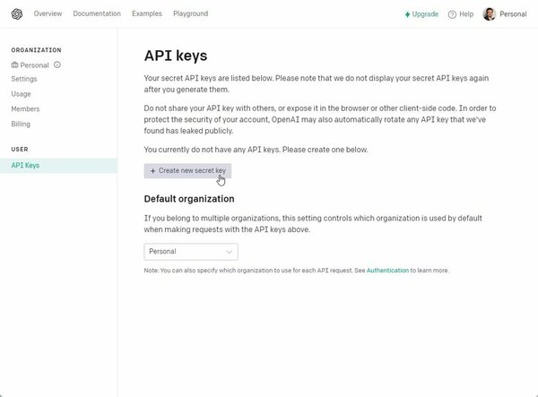 ログインして設定画面を開き、「API Keys」から「Create new secretkey」を選んで「Secret Key」を生成する