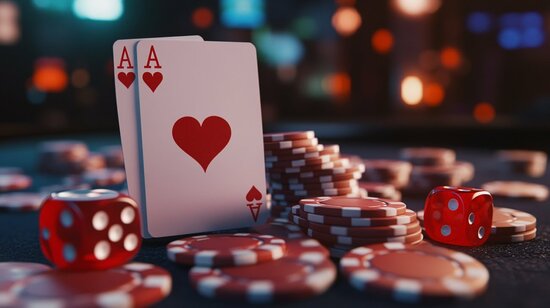 Pair of aces and poker chips and dice on casino table in the evening