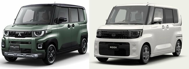 左が三菱自動車「デリカミニ」（4WDモデル）、右が日産「ルークス」（FFモデル）