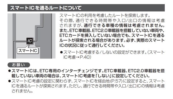 一般的な車載型カーナビでは「ETC専用IC/スマートIC」を利用する/しないが設定可能。レンタカーでは「利用しない」に設定されていることが多い(パナソニック製カーナビの説明書より筆者がキャプチャ)