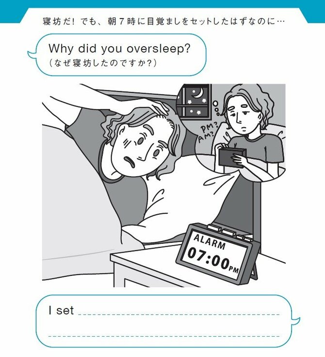 寝坊だ！ でも、朝7時に目覚ましをセットしたはずなのに…
Why did you oversleep?（なぜ寝坊したのですか？）
I set ________________________________________.