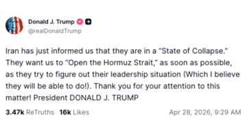 イラン、自国は「崩壊状態」と米国に伝える＝トランプ氏