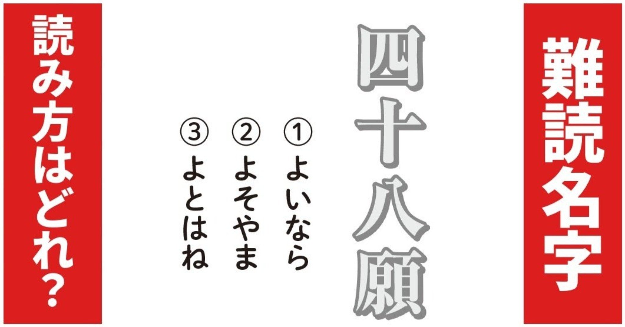 【難読名字】読み方はどれ？「四十八願」（1）よいなら（2）よそやま（3）よとはね