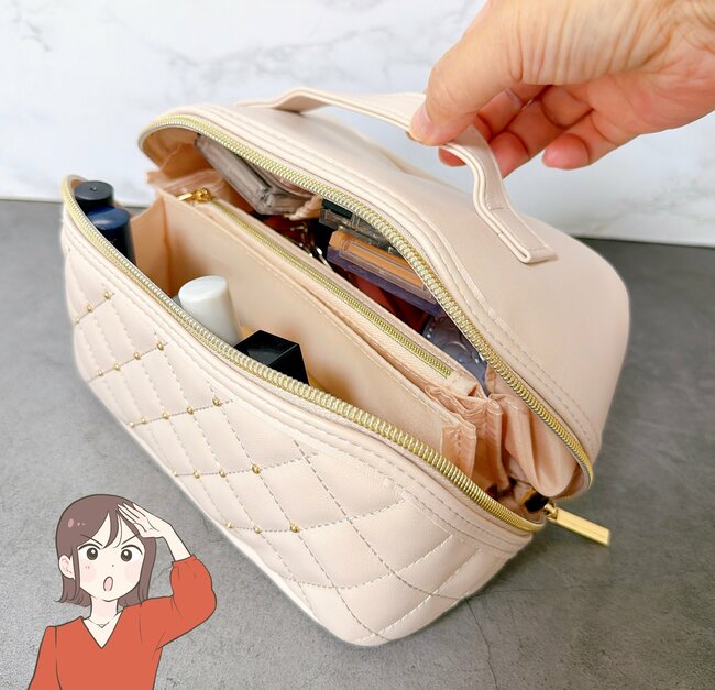 いつものメイク道具がまるっと入った！ニトリの「おしゃれ大容量ポーチ」ガバッと大きく開いて使いやすい！《購入レビュー》