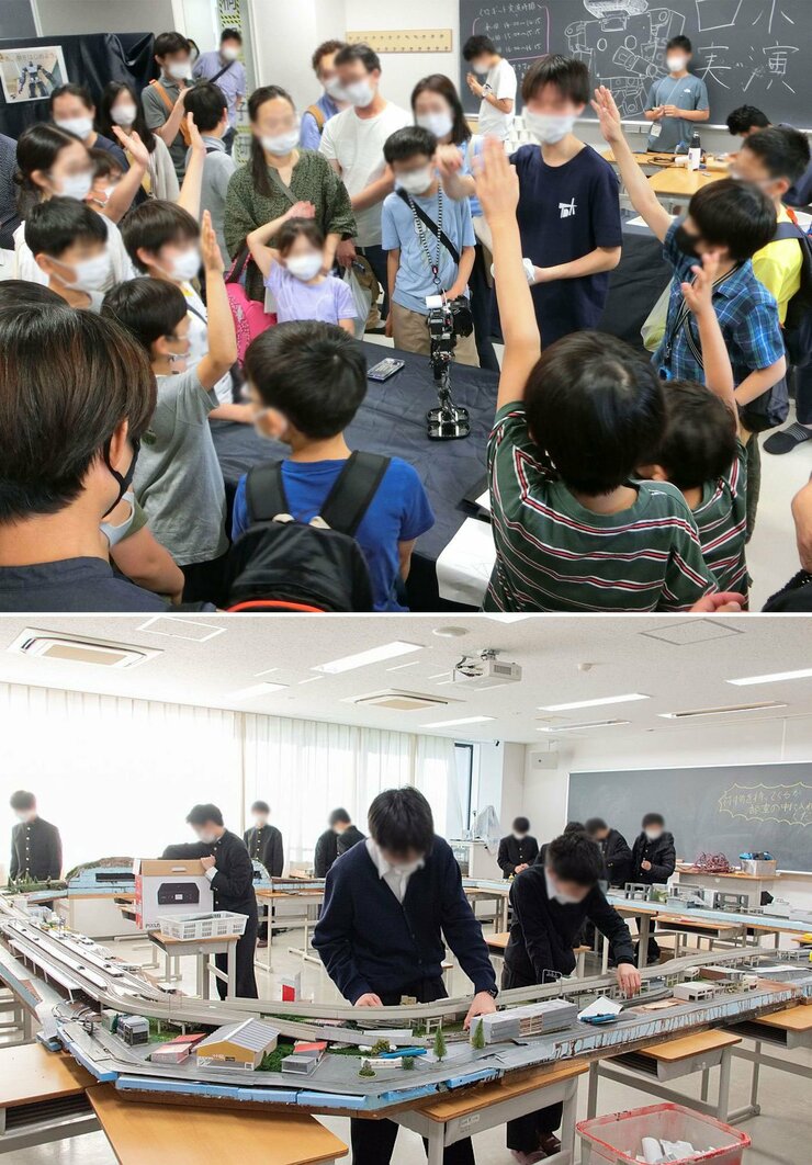 桐朋祭でロボットなどの実演をする「桐朋電子研究所」(上)。数学教室一面にジオラマを展開して活動中の鉄道研究部(下) 写真提供:桐朋中学校・高等学校