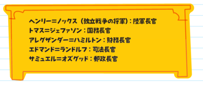 ヘンリー=ノックス(独立戦争の将軍):陸軍長官
トマス=ジェファソン:国務長官
アレグザンダー=ハミルトン:財務長官
エドマンド=ランドルフ:司法長官
サミュエル=オズグッド:郵政長官