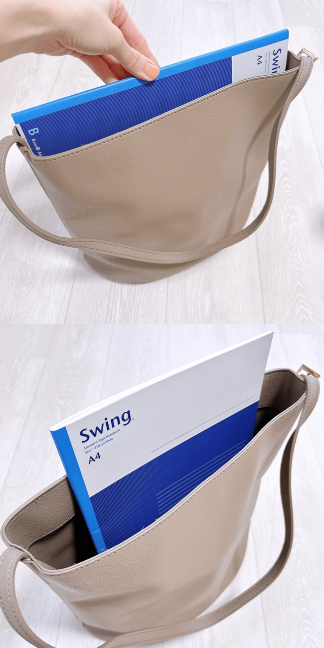 3COINSの「荷物がたっぷり入るショルダーバッグ」ペットボトルを立てて収納できて便利！シンプルだから長く愛用できそうです！《購入レビュー》