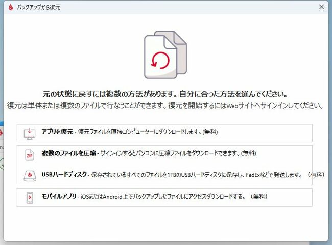 複数の復元方法が用意されている