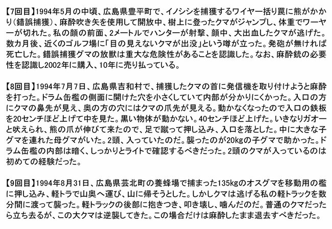 【7回目】1994年5月の中頃、広島県豊平町で、イノシシを捕獲するワイヤー括り罠に熊がかかり（錯誤捕獲）、麻酔吹き矢を使用して開放中、樹上に登ったクマがジャンプし、体重でワーヤーが切れた。私の顔の前面、2メートルでハンターが射撃、顔中、大出血したクマが逃げた。数カ月後、近くのゴルフ場に「目の見えないクマが出没」という噂が立った。発砲が無ければ死亡した。錯誤捕獲グマの放獣は重大な危険性があることを認識した。なお、麻酔銃の必要性を認識し2002年に購入、10年に売り払っている。【8回目】1994年7月7日、広島県吉和村で、捕獲したクマの首に発信機を取り付けようと麻酔を打った。ドラム缶檻の側面に開けた穴を小さくしていて内部が分かりにくかった。入口の方にクマの鼻先が見え、奥の方の穴にはクマの爪先が見える。動かなくなったので入口の鉄板を20センチほど上げて中を見た。黒い物体が動かない。40センチほど上げた。いきなりガオーと吠えられ、熊の爪が伸びて来たので、足で蹴って押し込み、入口を落とした。中に大きな子グマを連れた母グマがいた。2頭、入っていたのだ。襲ったのが20㎏の子グマで助かった。ドラム缶檻の内部は暗く、しっかりとライトで確認するべきだった。2頭のクマが入っているのは初めての経験だった。【9回目】1994年8月31日、広島県芸北町の養蜂場で捕まった135㎏のオスグマを移動用の檻に押し込み、軽トラで山奥へ運び、山に帰そうとした。しかしクマは逃げる私の軽トラックを数分間に渡って襲った。軽トラックの後部に抱きつき、叩き壊し、噛んだのだ。普通のクマだったら立ち去るが、この大クマは逆襲してきた。この場合だけは麻酔したまま退去すべきだった。