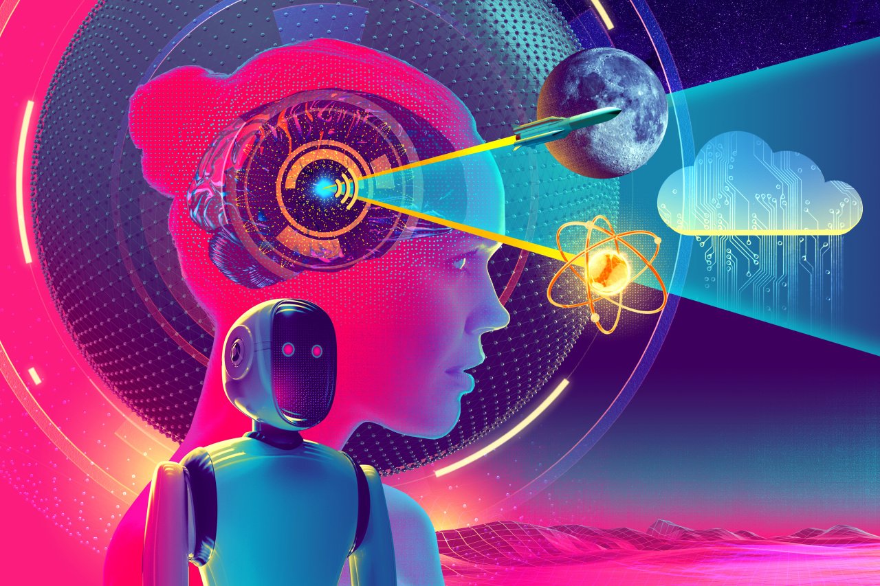 人間の脳とAIロボット、テクノロジーを表現したイメージイラスト