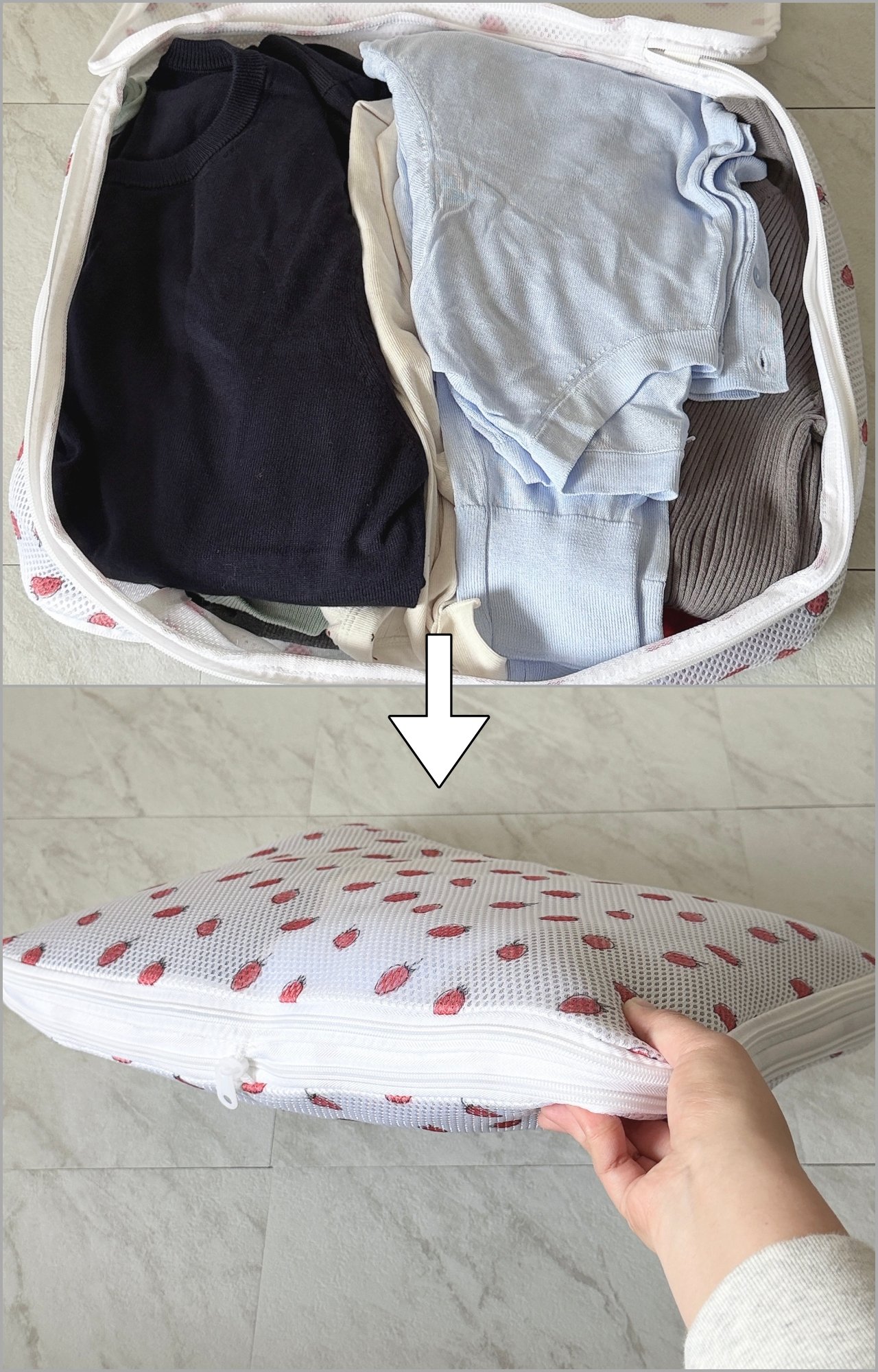 長袖トップスが11着も入った！スリーピーの「圧縮できる洗濯ネット」が旅行の荷造りで大活躍！