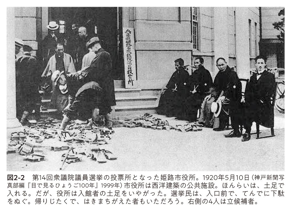 図2-2 第14回衆議院議員選挙の投票所となった姫路市役所。1920年5月10日（神戸新聞写真部編「目で見るひょうご100年」1999年）市役所は西洋建築の公共施設。ほんらいは、土足で入れる。だが、役所は入館者の土足をいやがった。