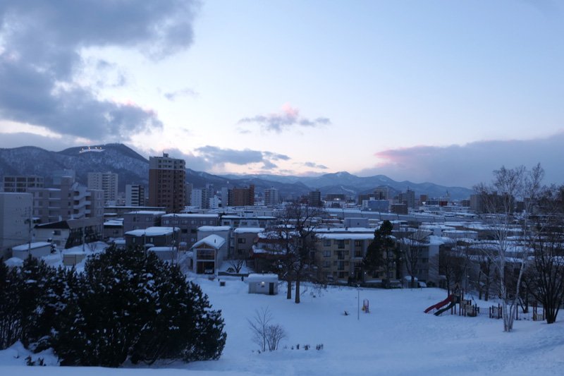 平岸高台公園からシェルターと南平岸駅を眺める。雪道になれていない人は、高台への徒歩に注意
