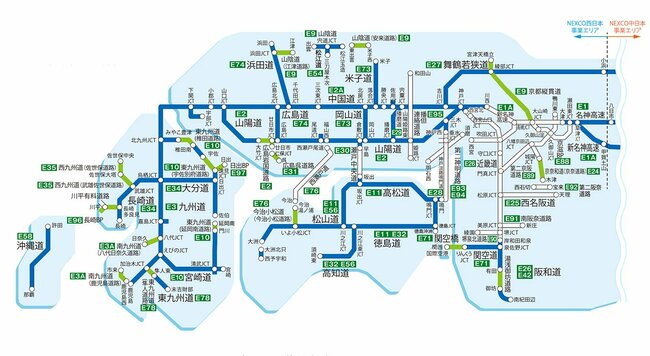 青と緑は平日朝夕割引の対象になる道路、白は対象とならない道路