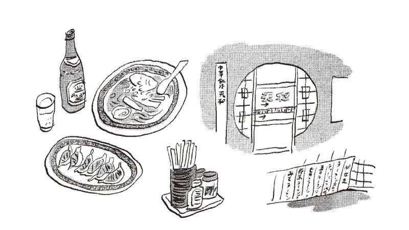 町中華の料理と店の外観イラスト