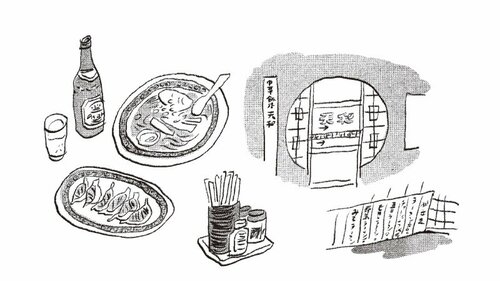 町中華の料理と店の外観イラスト