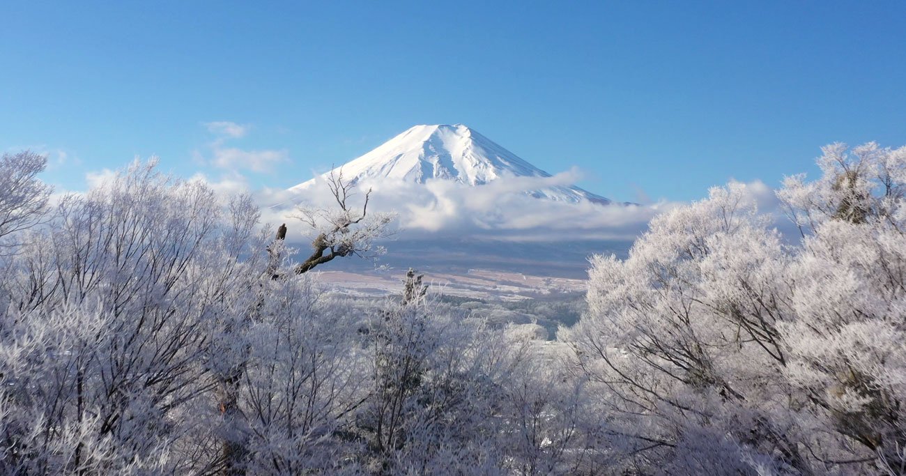 ドローンで見る日本の絶景、忍野村の霧氷と純白の富士山