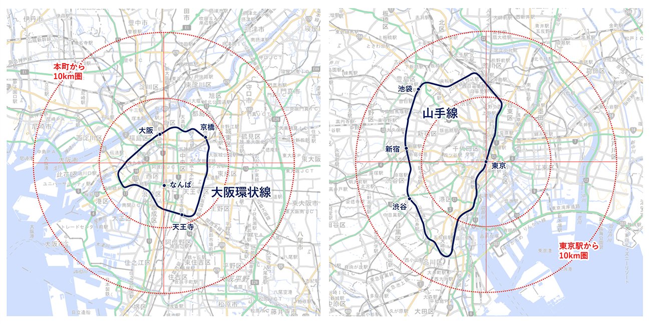 東京、大阪との比較(地理院地図で作成)