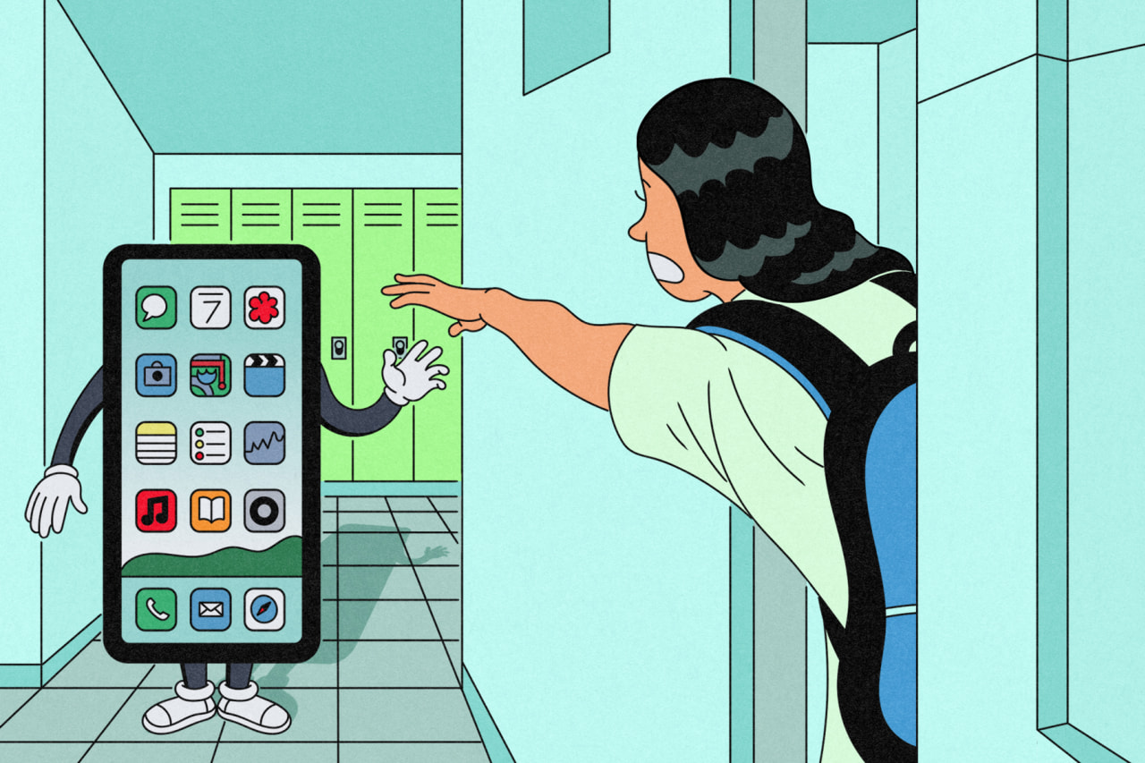 学校の廊下で、生徒がスマートフォンのキャラクターに手を振って別れを告げているイラスト