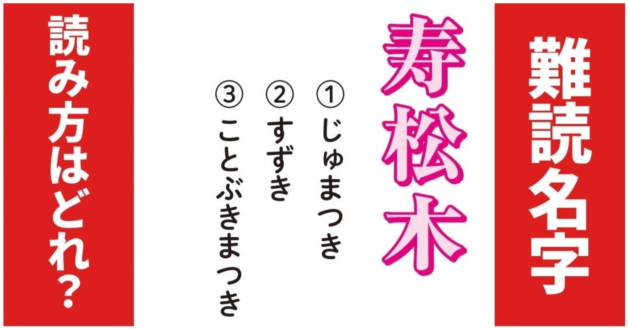 【難読名字】読み方はどれ？「寿松木」（1）じゅまつき（2）すずき（3）ことぶきまつき
