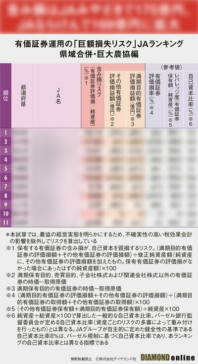 図表：有価証券運用の「巨額損失リスク」JAランキング県域合併・巨大農協編（サンプル）