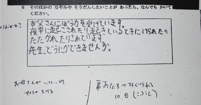 千葉県野田市が公表した、死亡した小学４年栗原心愛さんが父からの暴力を訴えた学校のアンケート