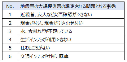 地震等の大規模災害の想定される問題となる事象