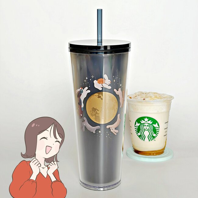 【スタバ】朝イチで買っちゃった！可愛すぎる「夜空みたいなタンブラー」満月とウサギのデザインがたまらない！《購入レビュー》