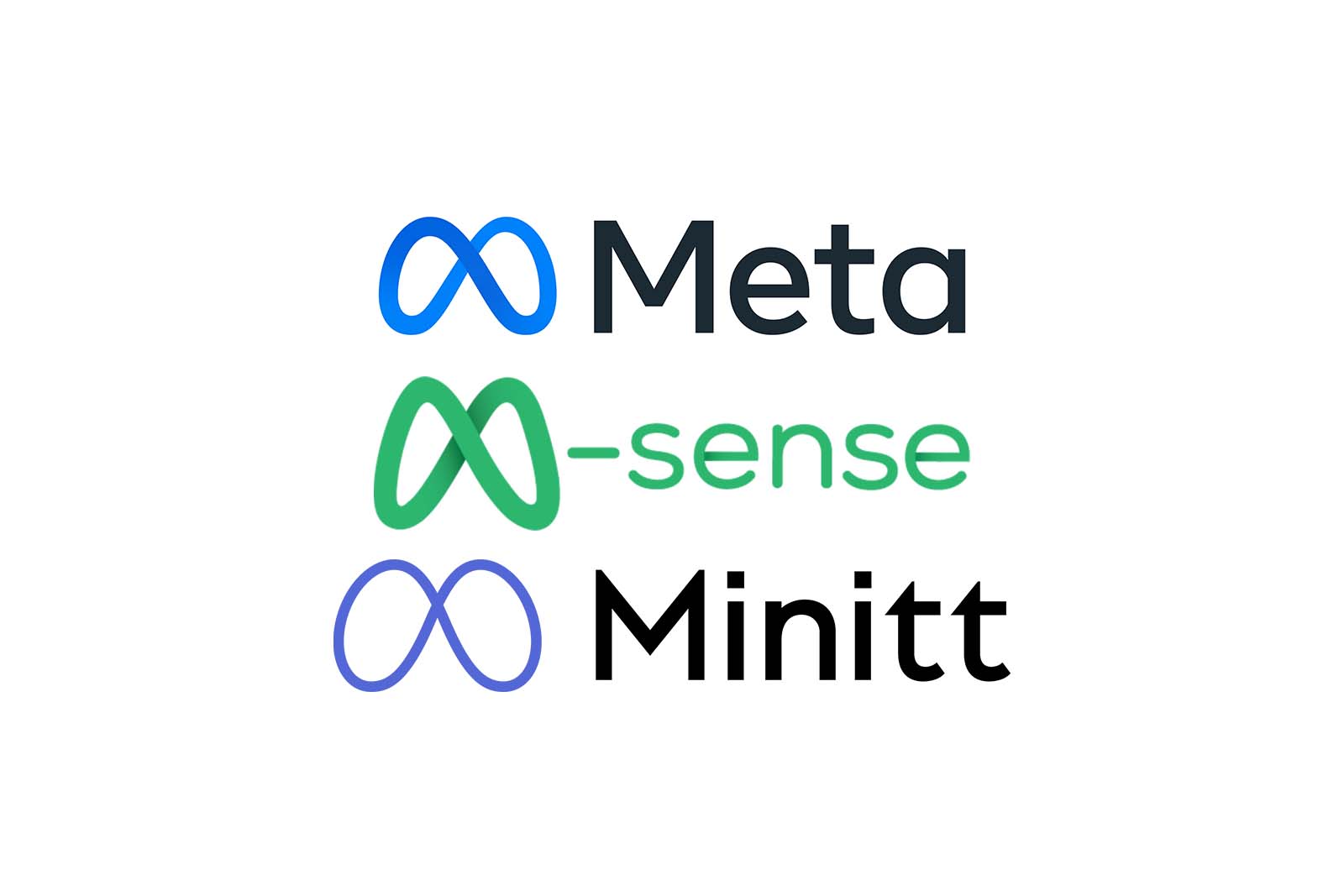 上から、Facebookから社名変更した「Meta」のロゴ、ドイツのスタートアップNewsenselabが展開する頭痛対策アプリ「M-sense」のロゴ、日本のスタートアップ「Minitt」のロゴ
