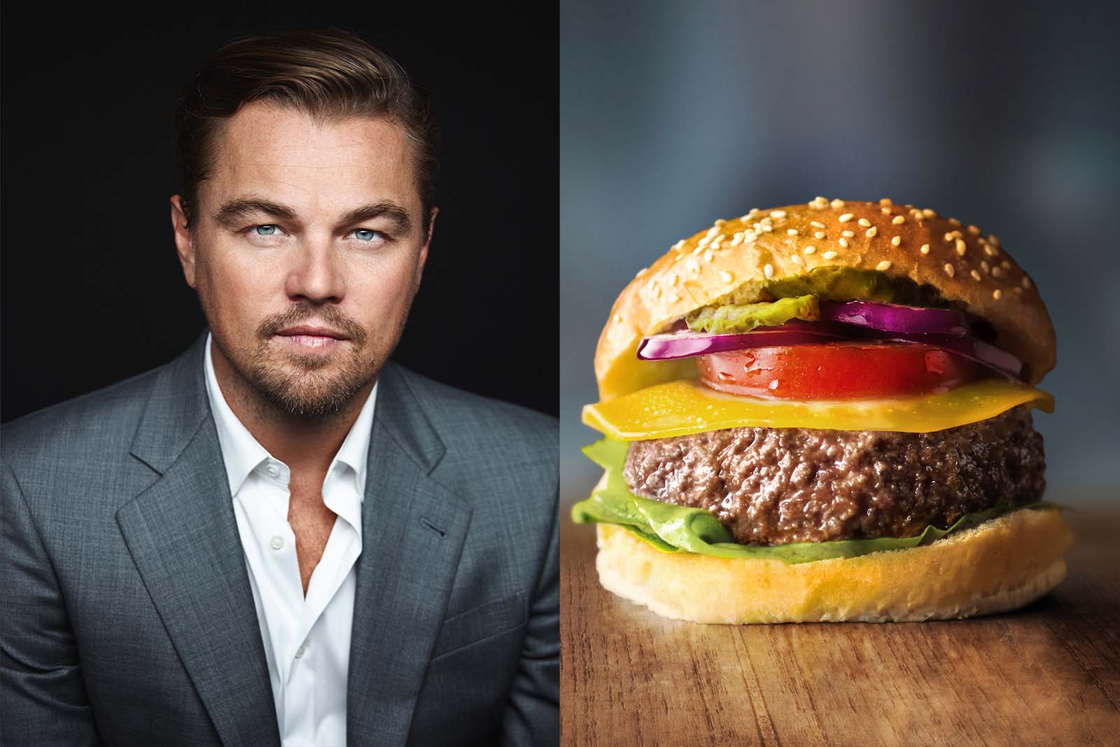 ハリウッド俳優のディカプリオ氏（左）と出資先であるMosa Meatの培養肉を使ったハンバーガー（右）