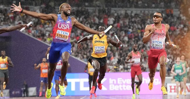 世界陸上2025で行われた男子400メートルリレー決勝（国立競技場）
