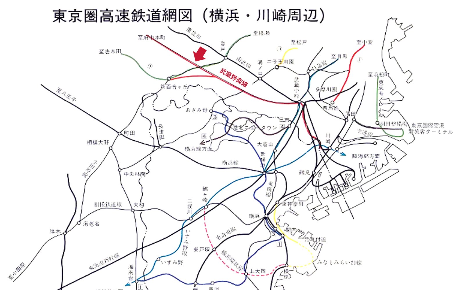 画像：東京圈高速鉄道網図（横浜・川崎周辺）