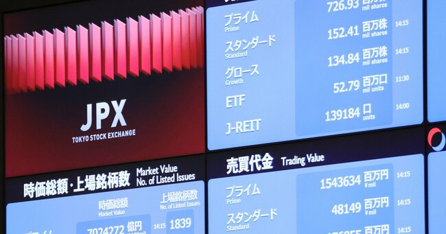 株式市場が再編され、「プライム」「スタンダード」「グロース」の新区分が表示された東京証券取引所のボード