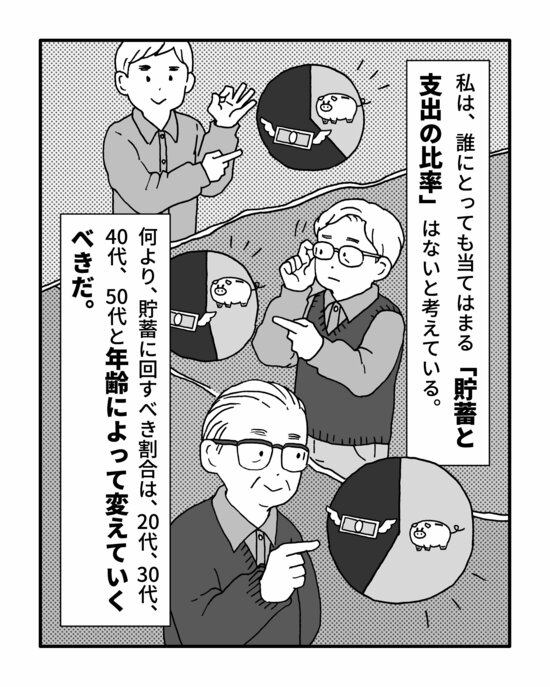 私は誰にとっても当てはまる貯蓄と支出の比率はないと考えている。何より貯蓄に回すべき割合は20代、30代、40代、50代と年齢によって変えていくべきだ。