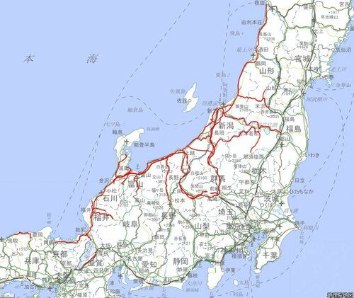 2024年1月1日18時時点の不通区間（国土交通省発表を元に地理院地図を加工）