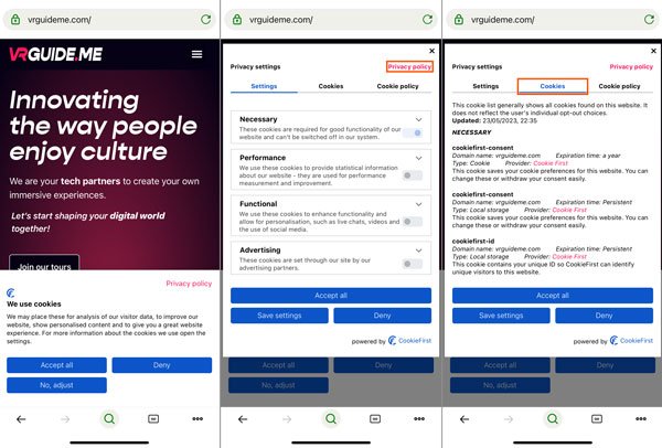 プラハのVRツアーを主宰するVRGUIDE.MEのクッキー利用に関するダイアログは明快で、カテゴリー別のクッキーのオン/オフも簡単に行える。欧米では割と標準的な構成だ Photo by O.K.