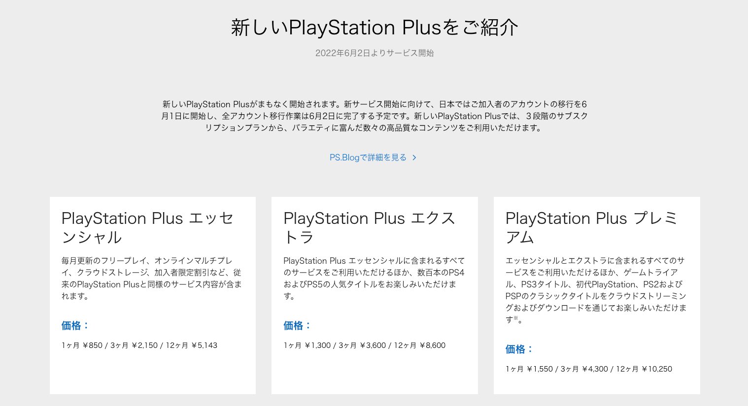 PlayStation Plusの新料金。PlayStationのサイトより