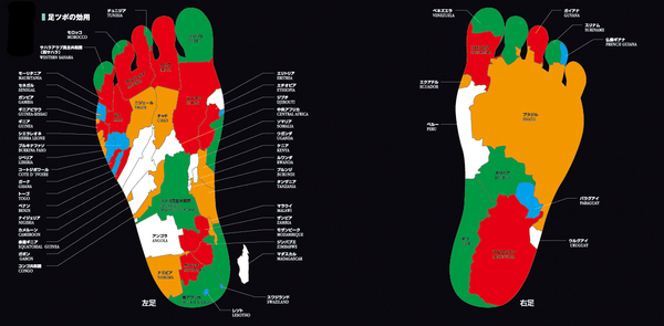 「足ツボ」の図から発想した地図のビジュアル<br />アフリカ＆南アメリカ2大陸に見立てていく