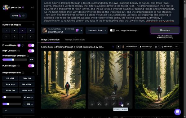 いい画像だが、もっと背景の森の描画を増やしたい。そこで、画像を選択し「Edit in canvas」をクリックする
