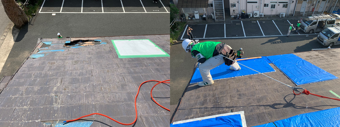 被災者がブルーシートを張った屋根(左)と、職人による施工後の屋根(右) (提供:ユニオンテック)