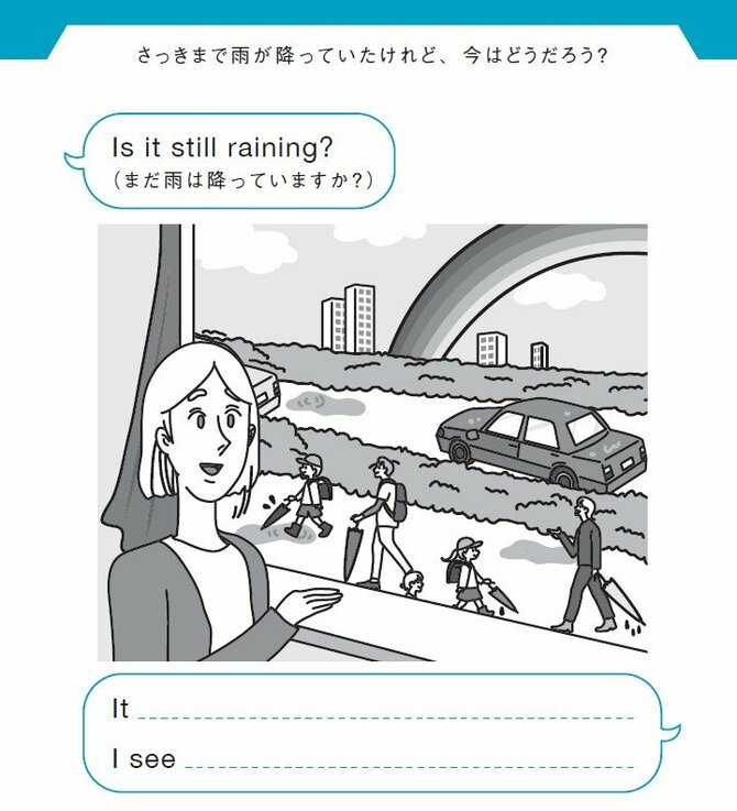 さっきまで雨が降っていたけれど、今はどうだろう？
Is it still raining?（まだ雨は降っていますか？）
It _____________.
I see ____________________________.
