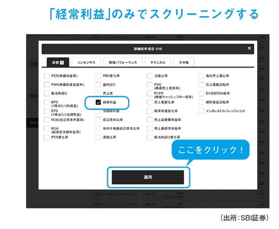 SBI証券のスクリーニングツールで黒字転換2倍株の候補銘柄を探す方法