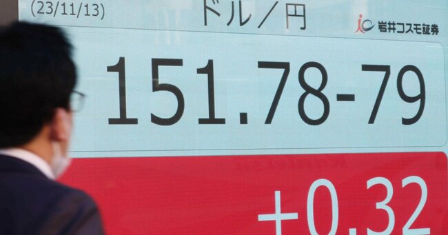 1ドル＝151円台後半の円相場を示す電光ボード＝11月13日午後、東京都中央区