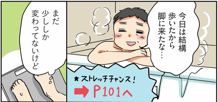 【マンガ】『世界一受けたい授業』で話題！体が硬い人は絶対やってみて！久しぶりにウォーキングをしたら「お風呂で20秒のすねほぐし」